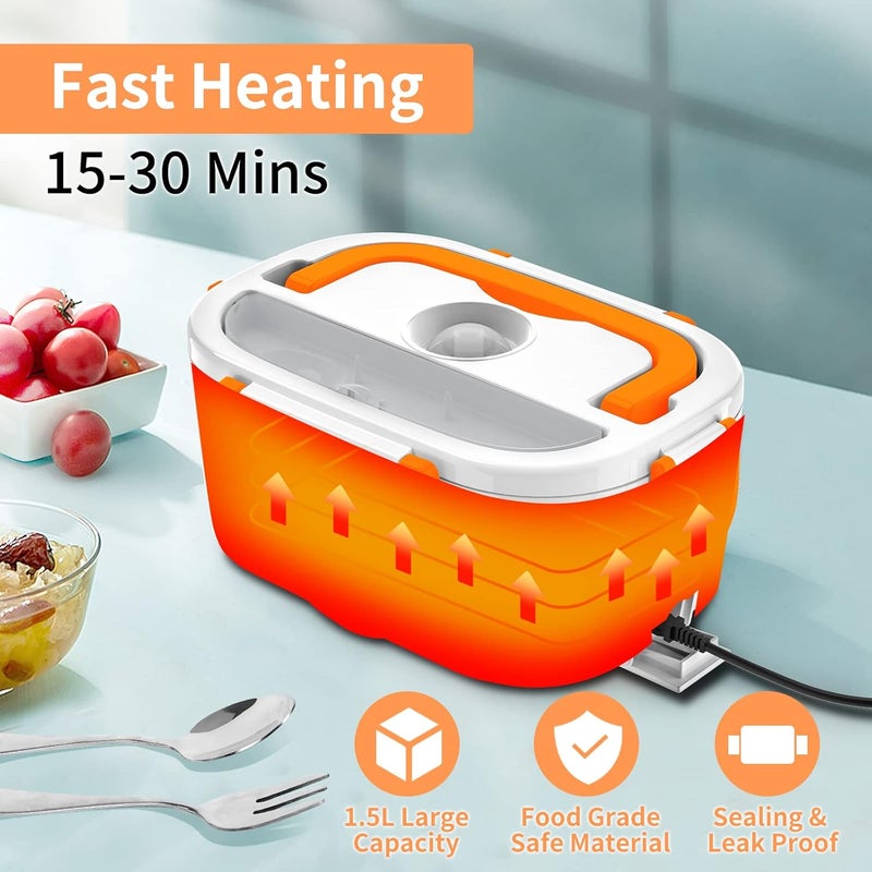 CHARMDOO Electric Lunch Box, Food Warmer Heater 12V 24V 110V, 80W Faster Heated Lunch Box for Car/Truck/Home Portable Heating Boxes with 1.5L 304 SS Container Fork & Spoon, White+Orange - Image 3